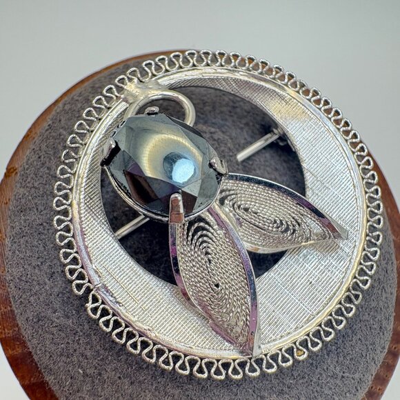 VTG Sterling SIlver 925 Hematite Flower Design Circle Brooch Size 1" Diameter - Picture 7 of 12